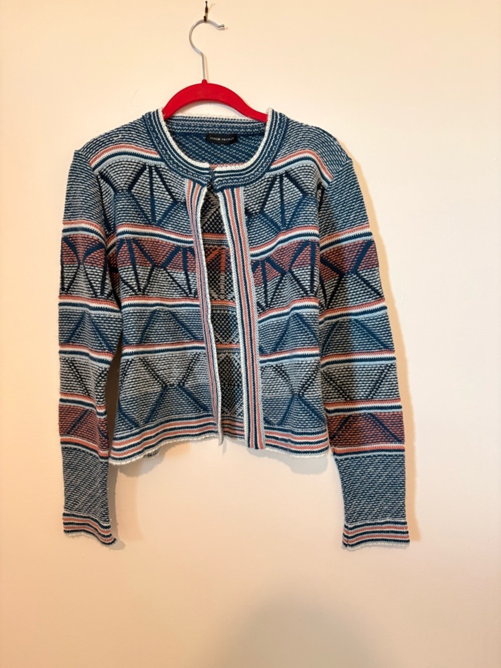 Italian Knit Textured Striped Cardigan Sweater - Blue, Pink & White